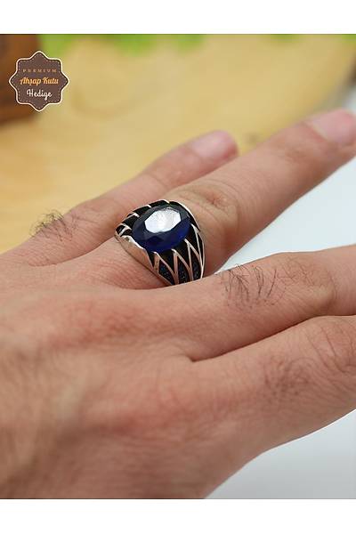 Safir Ta�l� Mikro Zirkon Motifli 925 Ayar G�m�� Erkek Y�z�k 201024880