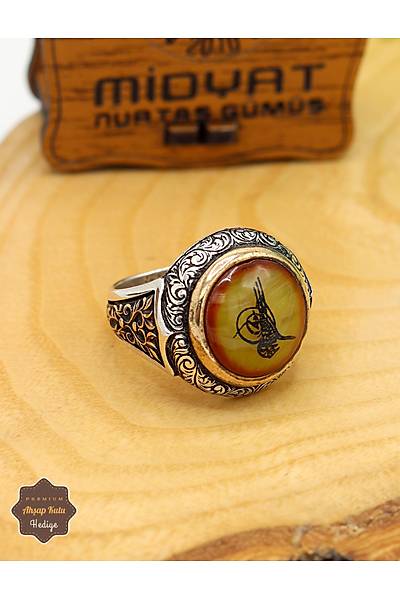 S�kma Kehribar Ta�l� Tu�ra Model 925 Ayar G�m�� Erkek Y�z�k 201024938