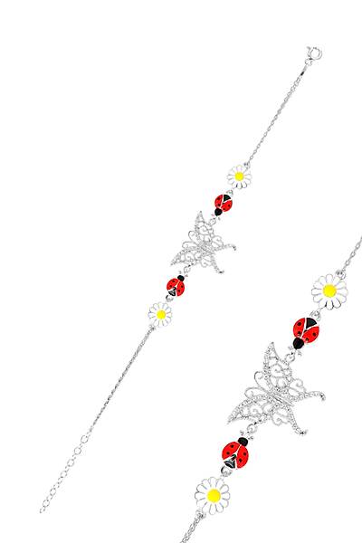 Kelebek  Zirkon Taşlı Papatya Uğur Böceği Gümüş Bileklik 201021304
