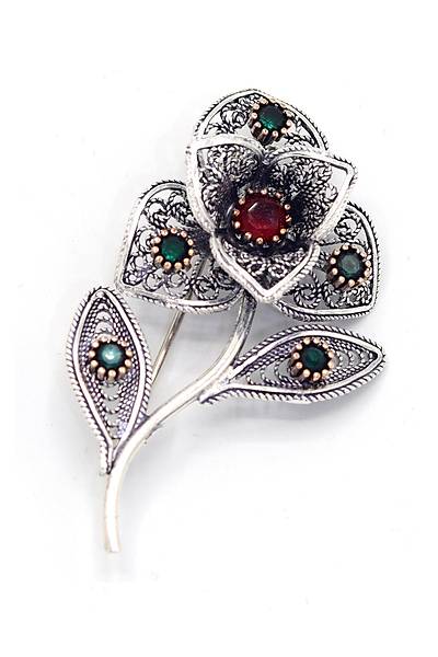 Yakut ve Z�mr�t Ta�l� Zambak Model Telkari G�m�� Kad�n Bro� 201025413