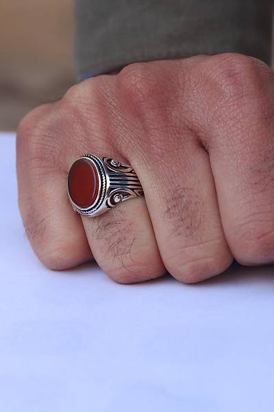 Akik Ta�l� Oval Model 925 Ayar G�m�� Erkek Y�z�k 201023798