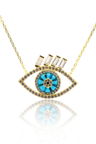 Zirkon Ta�l� Nazarl�k Model Gold Kaplama G�m�� Kad�n Kolye 201023925