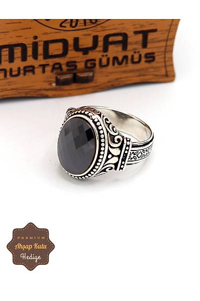 Siyah Zirkon Ta�l� Malakari Motifli 925 Ayar G�m�� Erkek Y�z�k 201024896