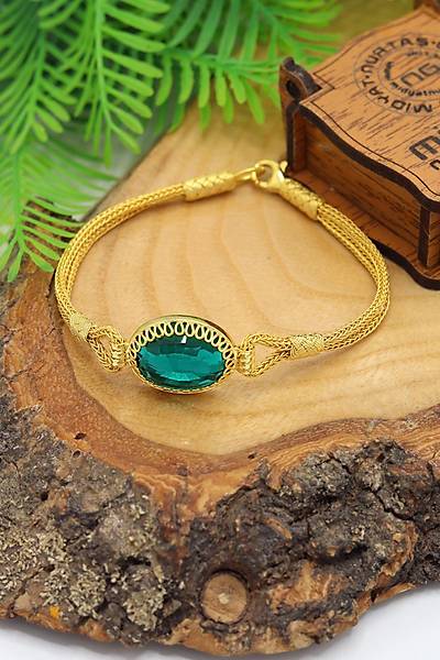 Akuamarin Ta�l� Alt�n Kaplama 1000 Ayar Kazaziye G�m�� Kad�n Bileklik 201024108