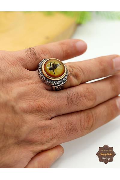 S�kma Kehribar Ta�l� Tu�ra Model 925 Ayar G�m�� Erkek Y�z�k 201024938