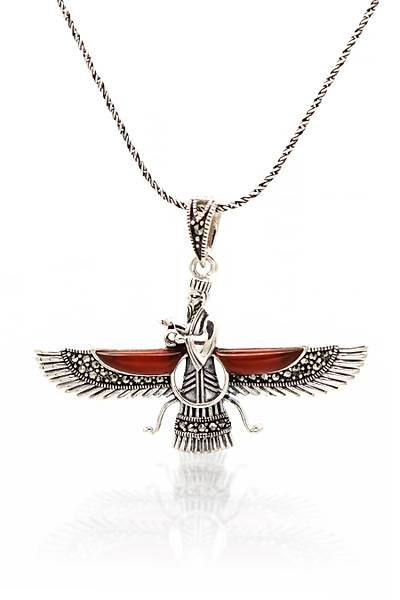 Akik ve Markazit Ta�l� Orta Boy Unisex Ahura Mazda G�m�� Kolye