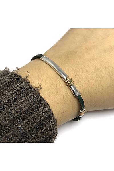 Ayy�ld�z Model Ye�il Deri Kordonlu Unisex G�m�� Bileklik