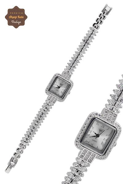 Kare Baget Zirkon Ta�l� 925 Ayar G�m��  Kad�n Kol Saati 201023821