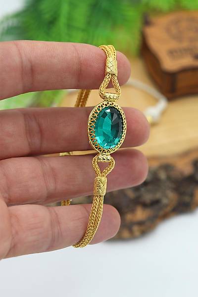 Akuamarin Ta�l� Alt�n Kaplama 1000 Ayar Kazaziye G�m�� Kad�n Bileklik 201024108