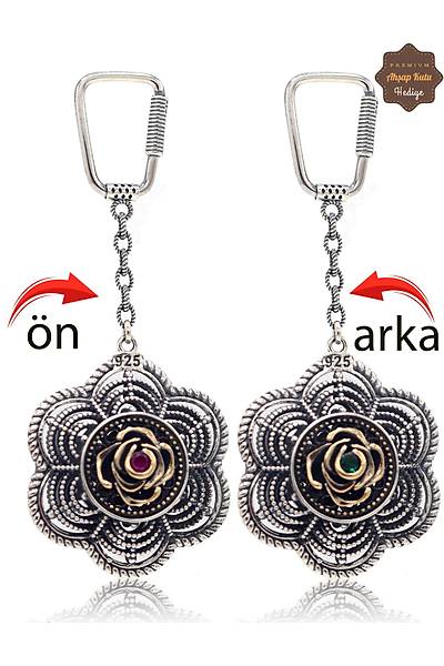 Yakut ve Z�mr�t Ta�l� G�l Model �ift Tarafl� Oksitli G�m�� Telkari Anahtarl�k 201025185