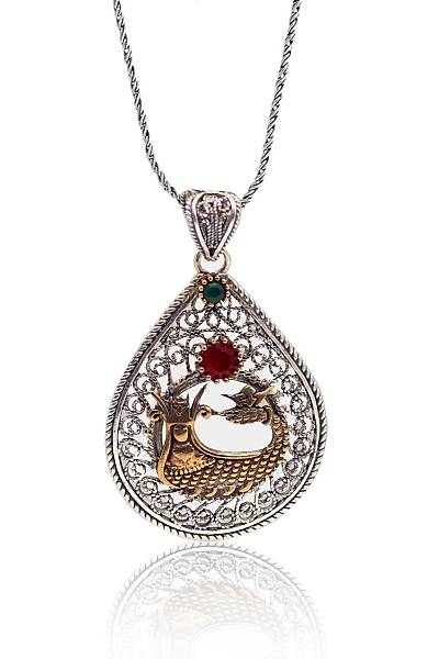 Yakut ve Z�mr�t Ta�l� �ahmaran Model Oksitli Telkari Kad�n G�m�� Kolye 201023921