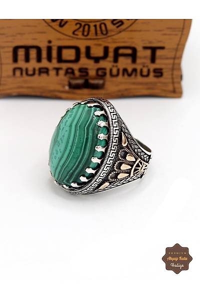 Malahit Ta�l� Tac Desenli 925 Ayar G�m�� Erkek Y�z�k 201024911