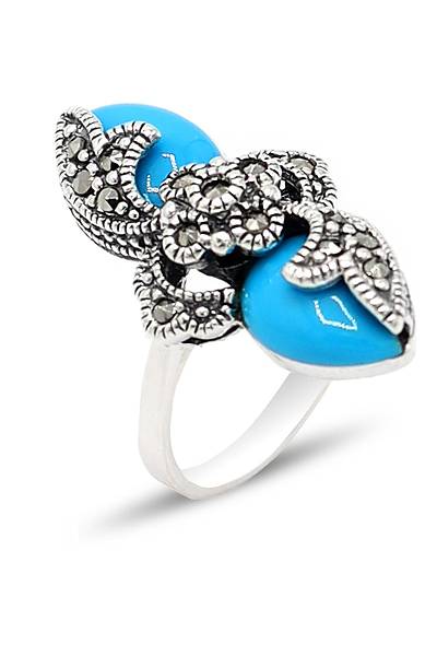 Firuze Ta�l� �i�ek Model 925 Ayar G�m�� Markazit Kad�n Y�z�k 201024229