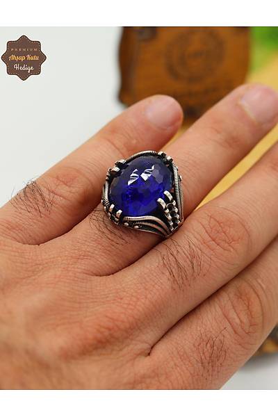 Safir Ta�l� Kristal Kesim 925 Ayar G�m�� Erkek Y�z�k 201024874