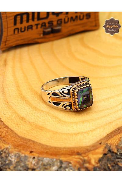 Mistik Topaz Ta�l� Kale Motifli 925 Ayar G�m�� Erkek Y�z�k 201024868