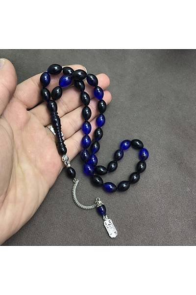 Metal P�sk�ll� Gece Mavisi Toz Kehribar Tespih