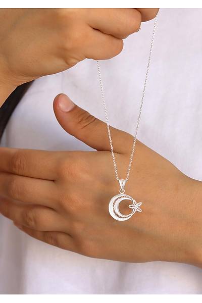 Ay Y�ld�z Orta Boy Model 925 Ayar Saf G�m�� Telkari Kad�n Kolye 201024645