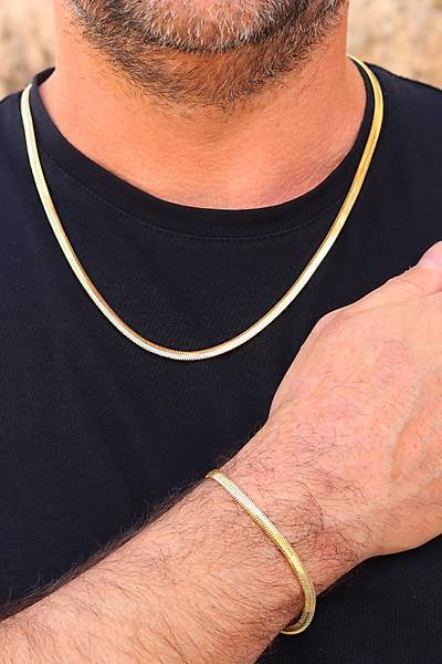 925 Ayar G�m�� Gold Kaplama Y�lan Derisi Model Ezme Zincir Kolye ve Bileklik kombini 201024152