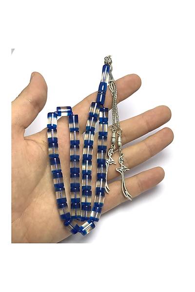 Hz. Ali Z�lfikar P�sk�ll� Mavi S�rmeli Kesme Toz Kehribar Tesbih