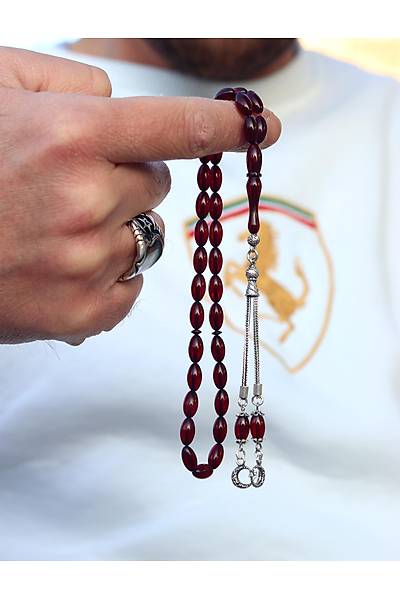 Koyu Bordo Arpa Kesim G�m�� Ay y�ld�z P�sk�ll� S�kma Kehribar Tesbih 201024955