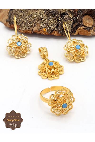 Firuze Ta�l� G�l Model Kad�n Gold Kaplama 925 Ayar G�m�� Telkari ��l� Set 201025482