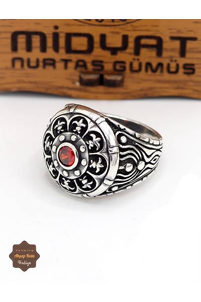 Yakut Ta�l� S�ng� Motifli 925 Ayar G�m�� Erkek Y�z�k 201024925