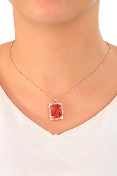 Zultanit Ta�l� Dikd�rtgen Model Rose Kaplama G�m�� Kolye 201024752