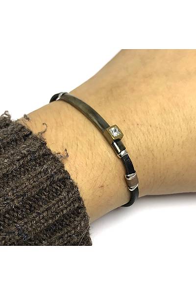 Ta�l� Model Siyah Deri Kordonlu Unisex G�m�� Bileklik