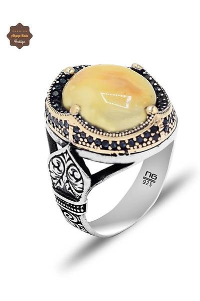 Mikro Zirkon Tac Motifli Damla Kehribar Ta�l� Erkek G�m�� Y�z�k 201025432