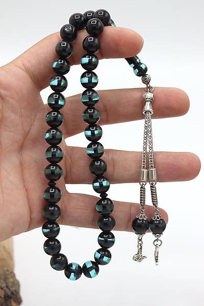 Ye�il Siyah S�rmeli K�re Kesim Toz Kehribar Tesbih 201024490