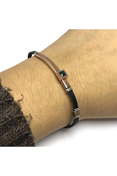 Ta�l� Model Siyah Deri Kordonlu Unisex G�m�� Bileklik