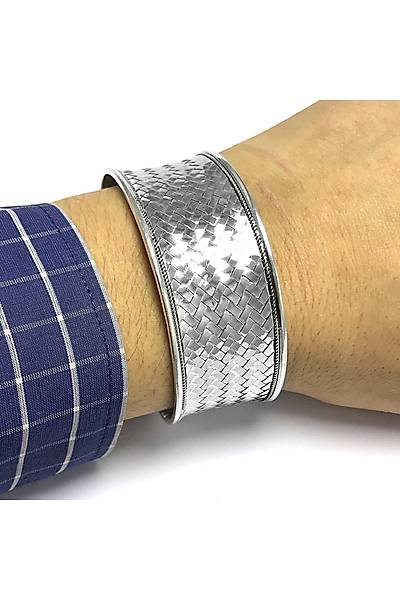 Baklava ��lemeli  Ayarlanabilir 925 Ayar Unisex G�m�� Bilezik