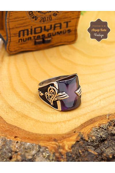Ametist Ta�l� Tu�ra Motifli 925 Ayar G�m�� Erkek Y�z�k 201024873
