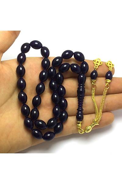 Lacivert Alt�n Kaplama Metal P�sk�ll� Toz Kehribar Tesbih