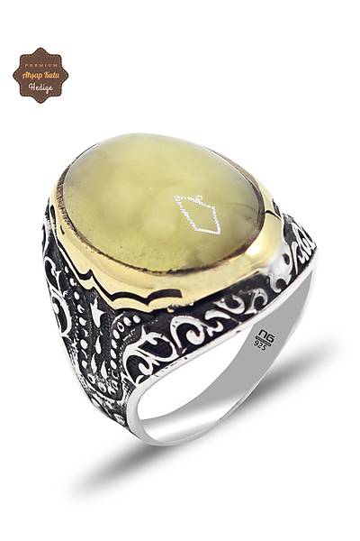 S�sleme Motifli Damla Kehribar Ta�l� Erkek G�m�� Y�z�k 201025436