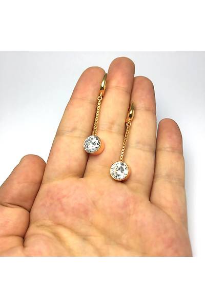 Zirkon Taşlı Zincirli Model Rose Bayan Gümüş Küpe