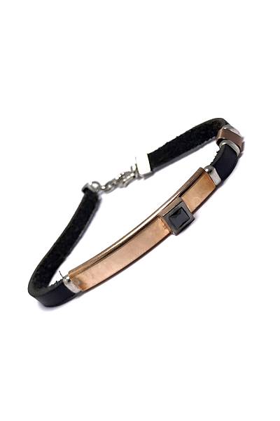 Ta�l� Model Siyah Deri Kordonlu Unisex G�m�� Bileklik