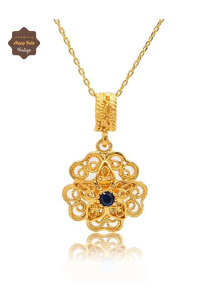 Safir Ta�l� G�l Model Gold Kaplama 925 Ayar G�m�� Telkari Kolye 201025488