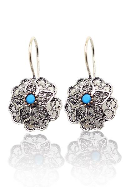 Firuze Taşlı Çiçek Model Oksitli Telkari Kadın Gümüş Küpe 201023903