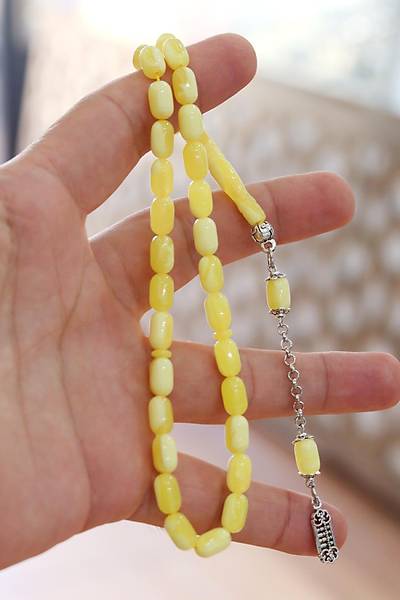 Sar� Renk Kaps�l Kesim Damla Benzetmesi Beyrut Toz Kehribar Tesbih 10x6 mm