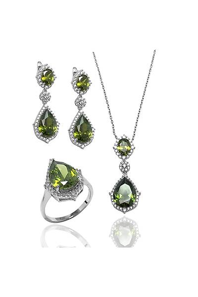 Zeberced (Peridot) Taşlı 925 Ayar  Zirkon Gümüş Üçlü Set