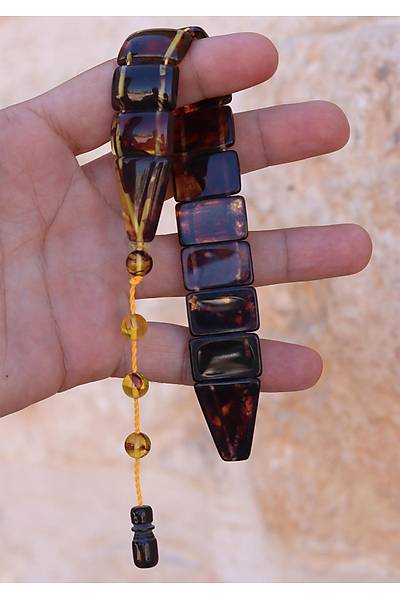 Sar� Siyah Hareli Renk D�z Kesim Toz Kehribar Bal�k Tesbih 201024697