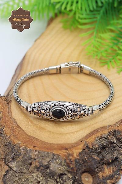 Oniks Ta�l� Has�r ��lemeli Model 925 Ayar Saf G�m�� Erkek Bileklik 201024044