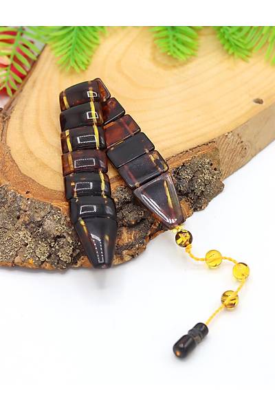 Sar� Siyah Hareli Renk D�z Kesim Toz Kehribar Bal�k Tesbih 201024697