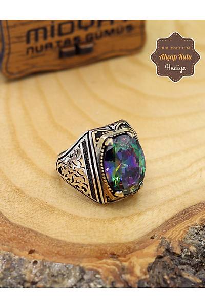 Mistik Topaz Ta�l� Mikro Zirkon 925 Ayar G�m�� Erkek Y�z�k 201024883