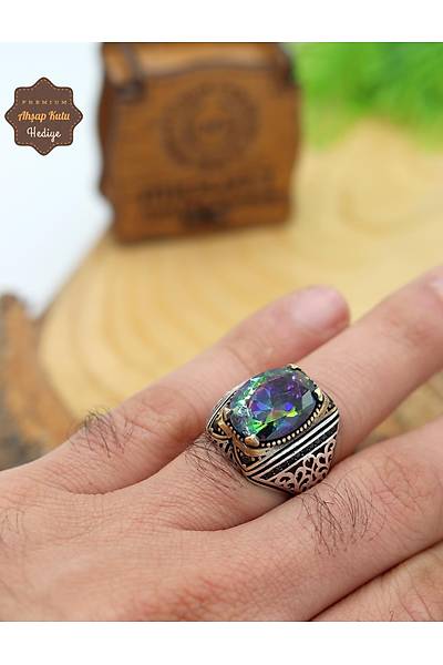 Mistik Topaz Ta�l� Mikro Zirkon 925 Ayar G�m�� Erkek Y�z�k 201024883