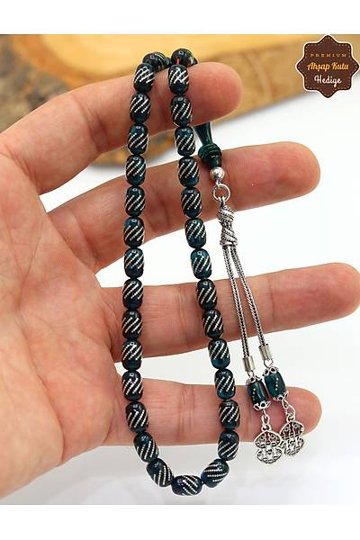 Koyu Mavi Kaps�l Kesim G�m�� ��lemeli ve P�sk�ll� Ate� Kehribar Tesbih 201024949