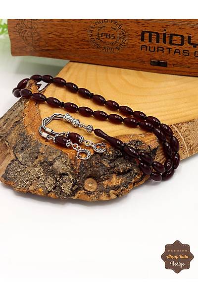 Koyu Bordo Arpa Kesim G�m�� Ay y�ld�z P�sk�ll� S�kma Kehribar Tesbih 201024955