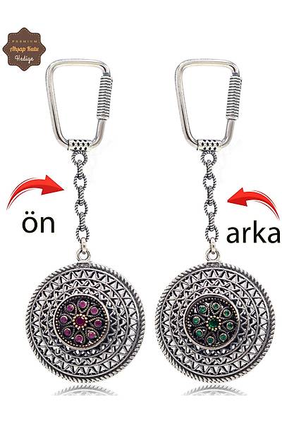 Yakut ve Z�mr�t Ta�l� Zikzak Model �ift Tarafl� Oksitli G�m�� Telkari Anahtarl�k 201025180