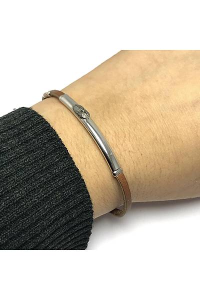 Mi�fer Model Kahverengi Deri Kordonlu Unisex G�m�� Bileklik